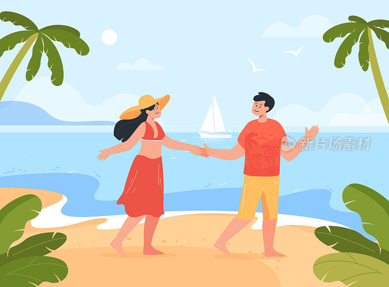一对夫妇走在沙滩矢量插图