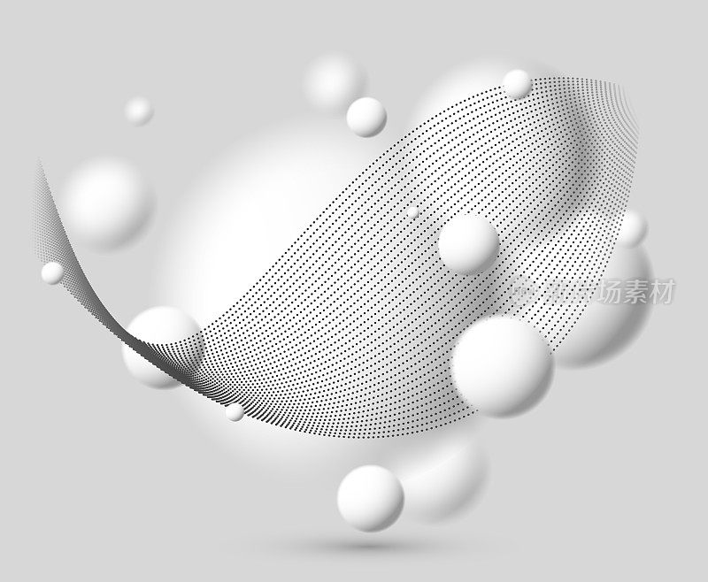 光和软的3D散焦球体与粒子波流矢量抽象背景，放松的环境主题与悬浮的白球，大气壁纸。