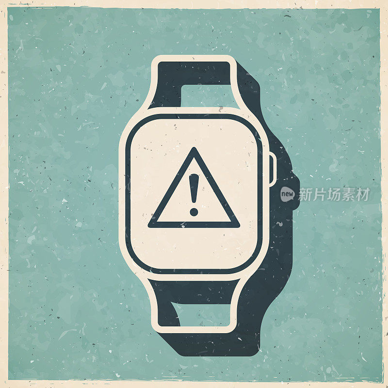 带有危险警告注意的智能手表。图标复古复古风格-旧纹理纸