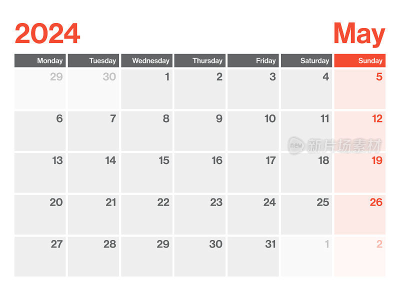 2024年5月-日历规划师。极简风格的景观水平日历2024年。向量模板。这一周从星期一开始
