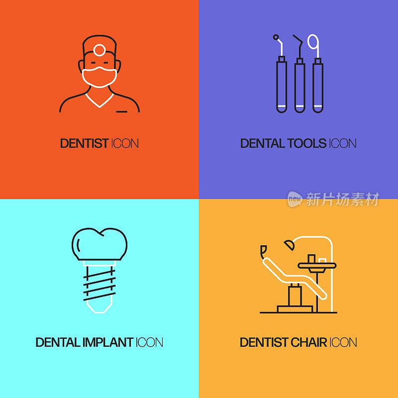 牙科相关的矢量细线图标。轮廓符号集合