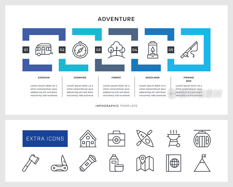 冒险信息图表模板和线条图标