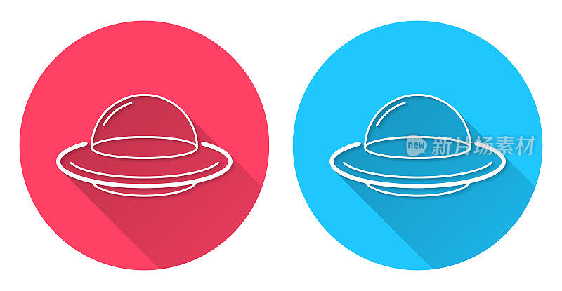 UFO――飞碟。圆形图标与长阴影在红色或蓝色的背景