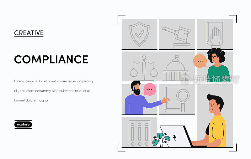 合规相关的矢量横幅设计概念。全局多球体随时可用的模板。网页横幅，网站标题，杂志，移动应用程序等。现代设计。