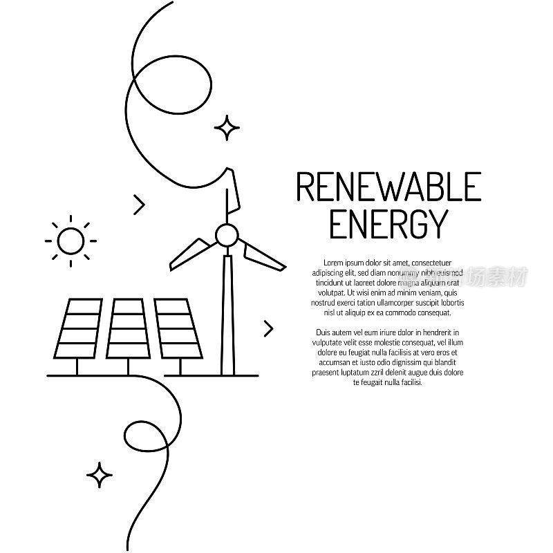 可再生能源图标的连续线条绘制。手绘符号矢量插图。