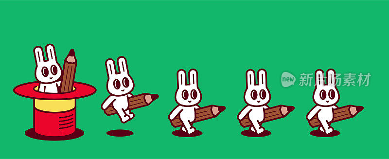 一群可爱的兔子，每个都拿着一支大铅笔，不断地从魔法帽里跳出来，走直线