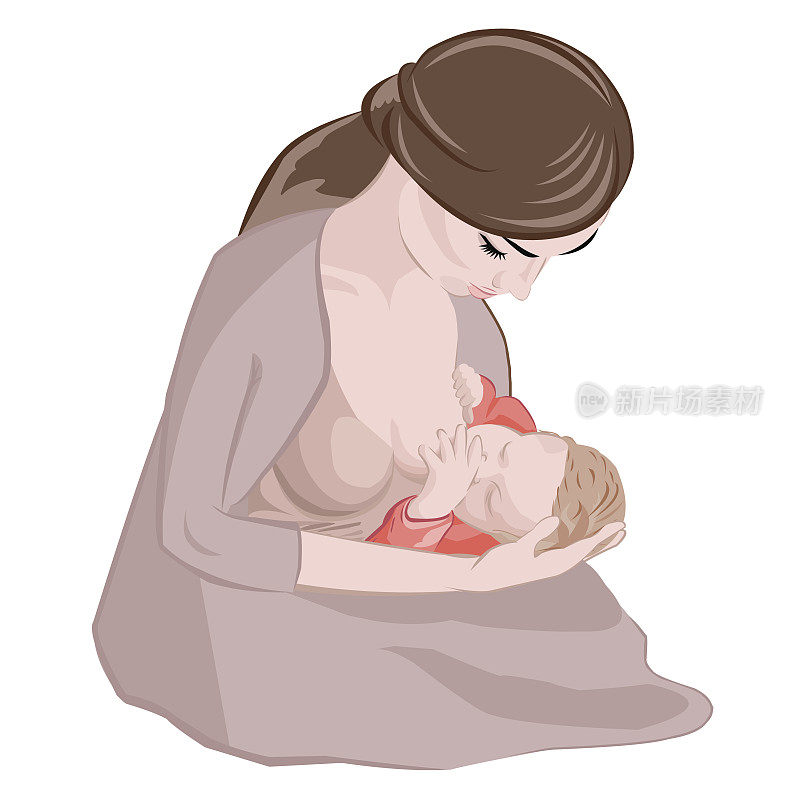 母亲坐在流行的摇篮里喂她的新生儿