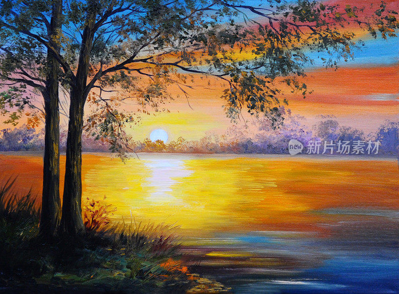 油画风景-树附近的湖