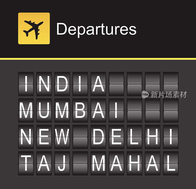 印度翻转字母表机场起飞，印度，孟买，新德里