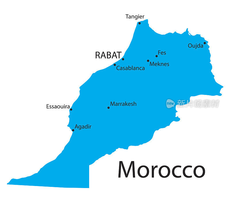 摩洛哥的蓝色地图，上面标出了最大的城市