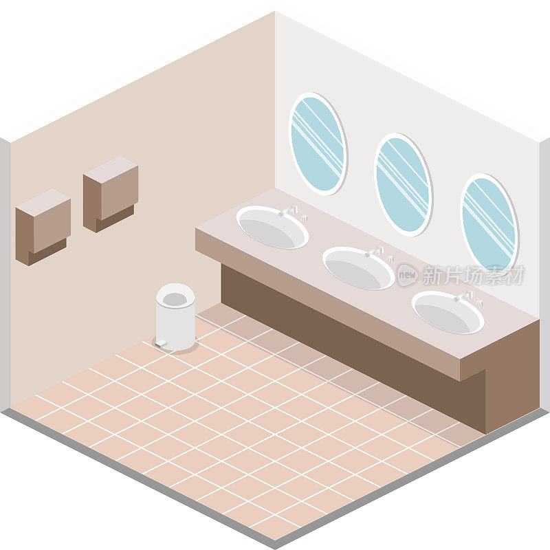 公共厕所内部的等距平面三维隔离矢量剖面图