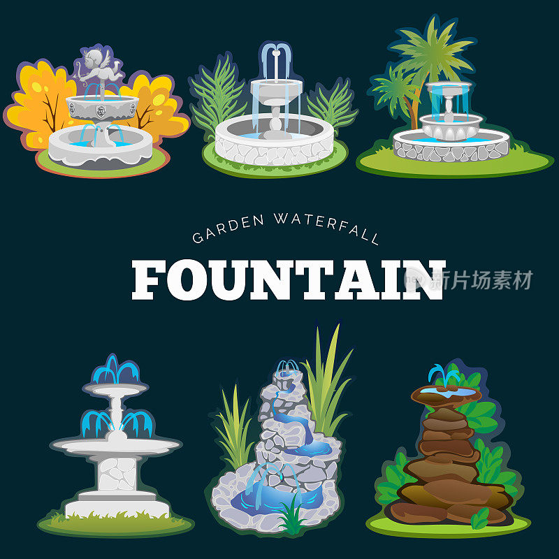 设置户外喷泉为园艺，春季和夏季植物花园瀑布，秋季后院装饰石雕雕像矢量插图