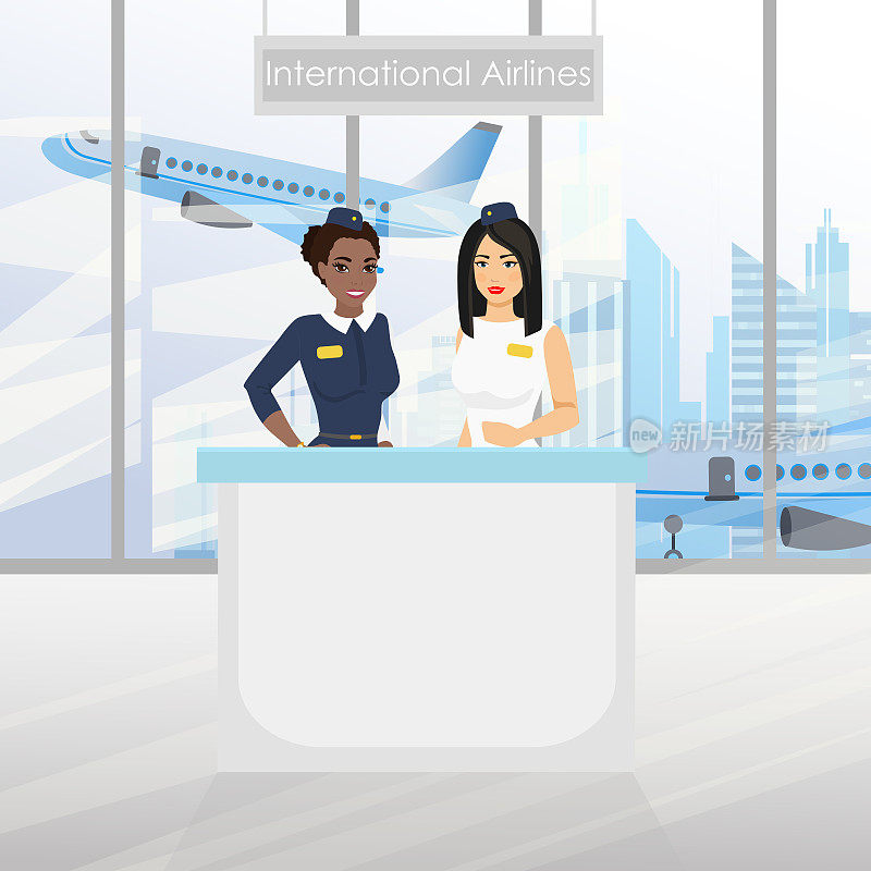 一个很好的欧洲空姐和非裔美国空姐在服务台和机场。国际航空公司。矢量插图在平面卡通设计。