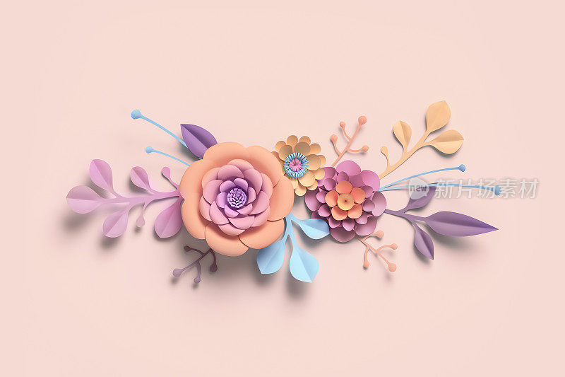 3d渲染，纸花，彩色调色板，植物背景，孤立的剪辑艺术，花束，花卉边框