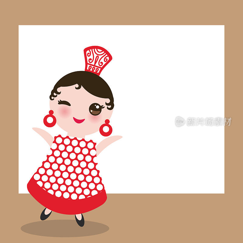 西班牙弗拉明戈舞者卡片设计，横幅模板。女人可爱的脸蛋，粉红色的脸颊，眨眼的眼睛。吉普赛女孩，红色连衣裙，圆点布料，棕色背景横幅模板，卡片设计。向量