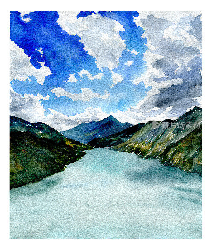 水彩风景。湖，山，天空和云彩。