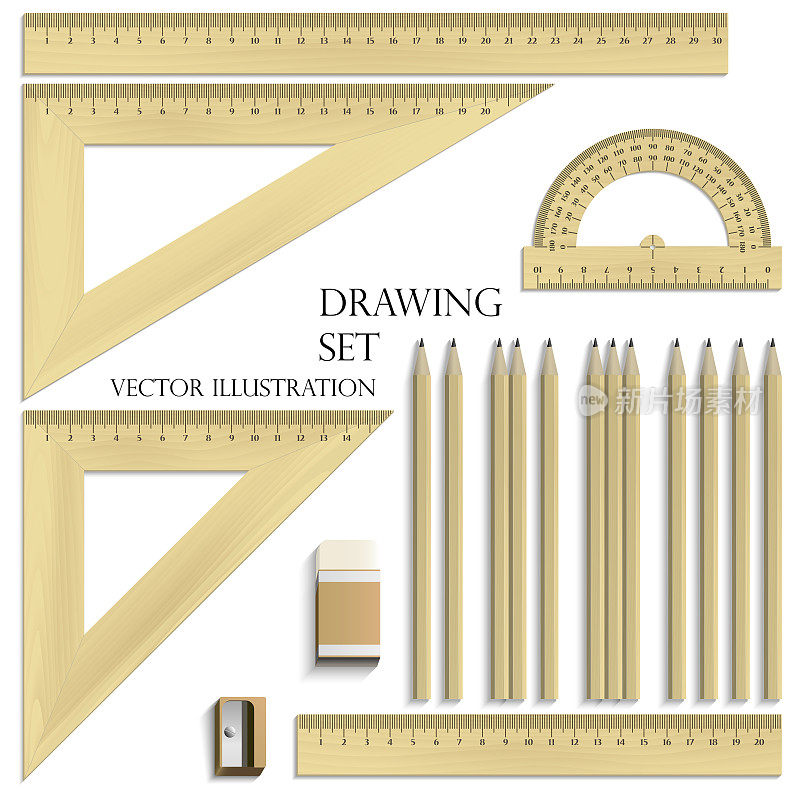 绘图集，尺子，量角器，铅笔，橡皮和卷笔刀现实的木材