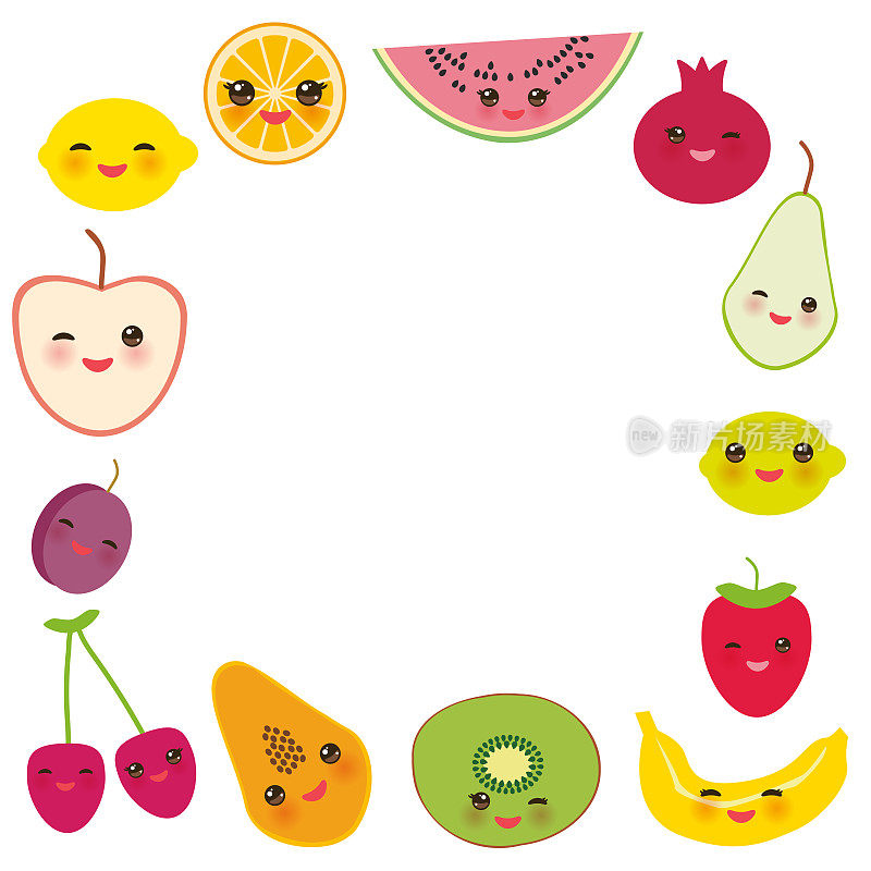 卡片设计为您的文字，横幅模板，方形框架草莓，橘子，香蕉樱桃，酸橙，柠檬，猕猴桃，李子，苹果，西瓜，石榴，木瓜，梨子，梨子在白色的背景。向量