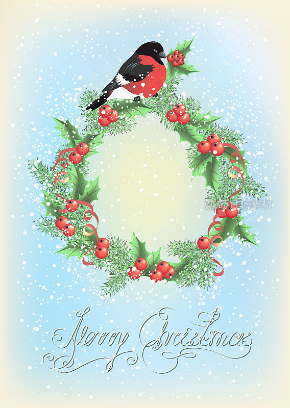 雪背景上有红腹灰雀的圣诞花环