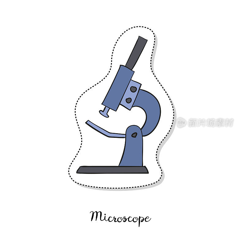 白色背景上附有显微镜的卡通贴纸。