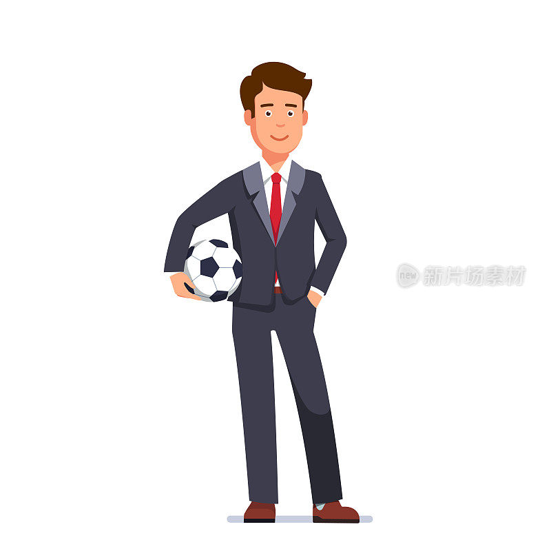 足球经理穿着正式的商务西服，打着领带拿着足球。平面矢量剪贴画插图。
