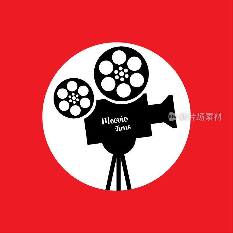 电影的时间。复古的黑色电影放映机在红圈平面设计