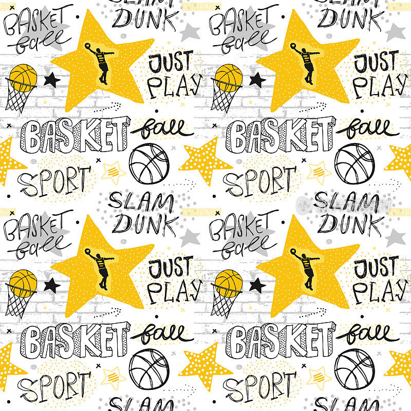 明亮的无缝模式的篮球与星星和字母。手绘运动印花，背景，印刷标语。印刷设计的t恤，衣服，横幅，传单。永不停歇，扣篮。