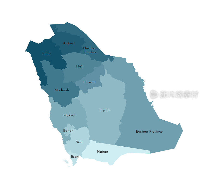 沙特阿拉伯简化行政地图矢量孤立插图。地区的边界和名称。五颜六色的蓝色卡其色轮廓
