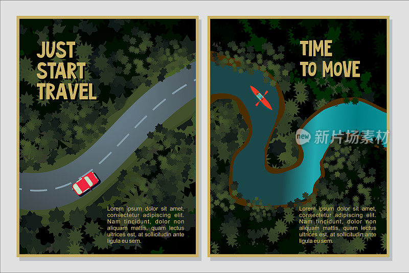 旅行海报。鸟瞰图的森林，河流和道路卡通矢量插图。