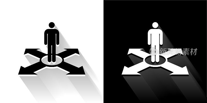 男人和方向黑色和白色图标与长影子