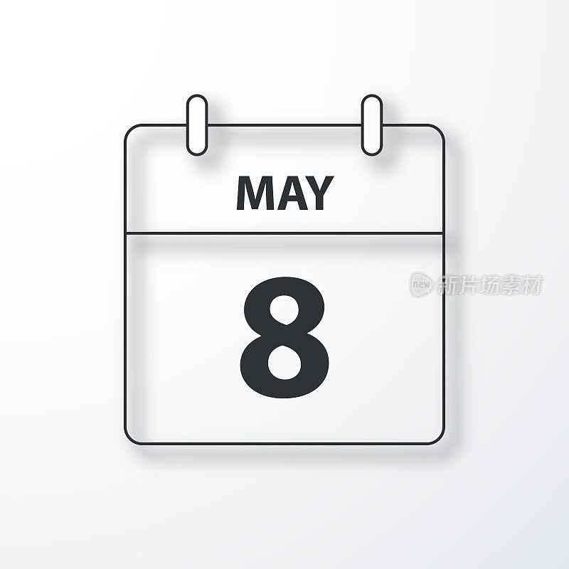 5月8日-每日日历-黑色的轮廓和阴影在白色的背景