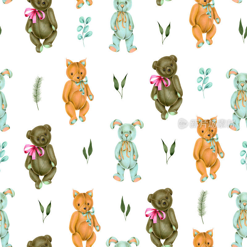 无缝图案手绘软毛绒玩具(狐狸，兔子和熊)和植物在白色的背景