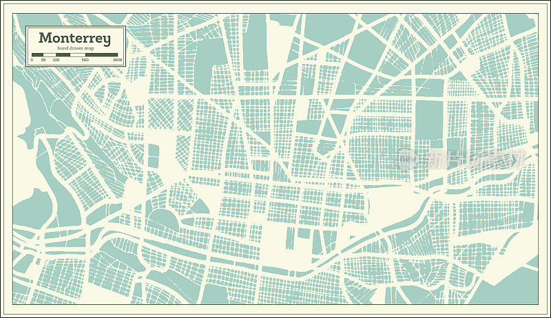 蒙特雷墨西哥城地图复古风格。略图。