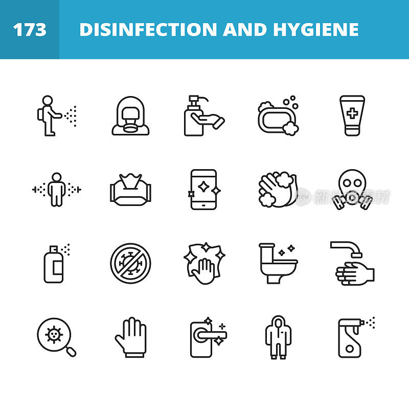 消毒和卫生线图标。可编辑的中风。像素完美。移动和网络。包含像兽群免疫，防护服，消毒，洗手，湿纸巾，喷雾清洁剂，清洁，病毒测试，乳胶手套等图标。
