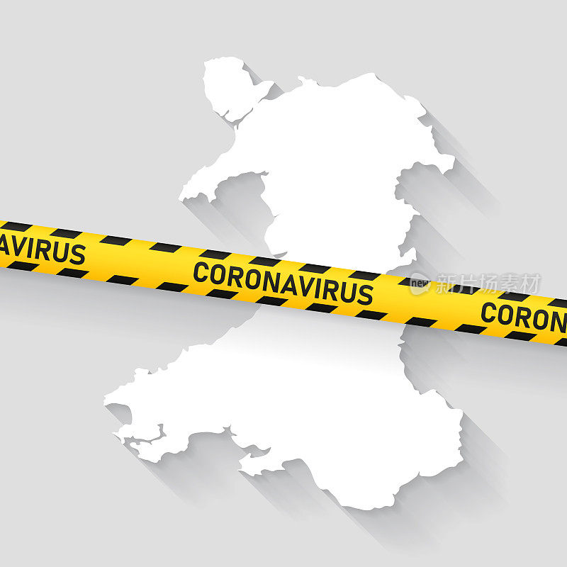 威尔士地图与冠状病毒警告胶带。Covid-19爆发