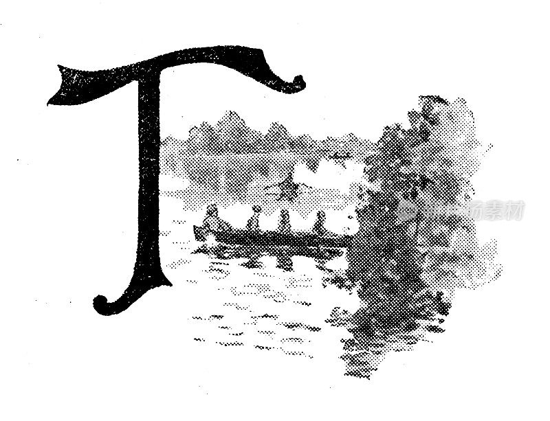 古董插图的体育和休闲活动:大写字母T和划船