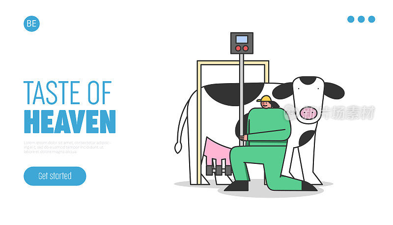 乳品生产的概念。网站登录页面。穿制服的妇女连接挤奶机和奶牛，控制挤奶过程。网页卡通线性轮廓平面风格。矢量图
