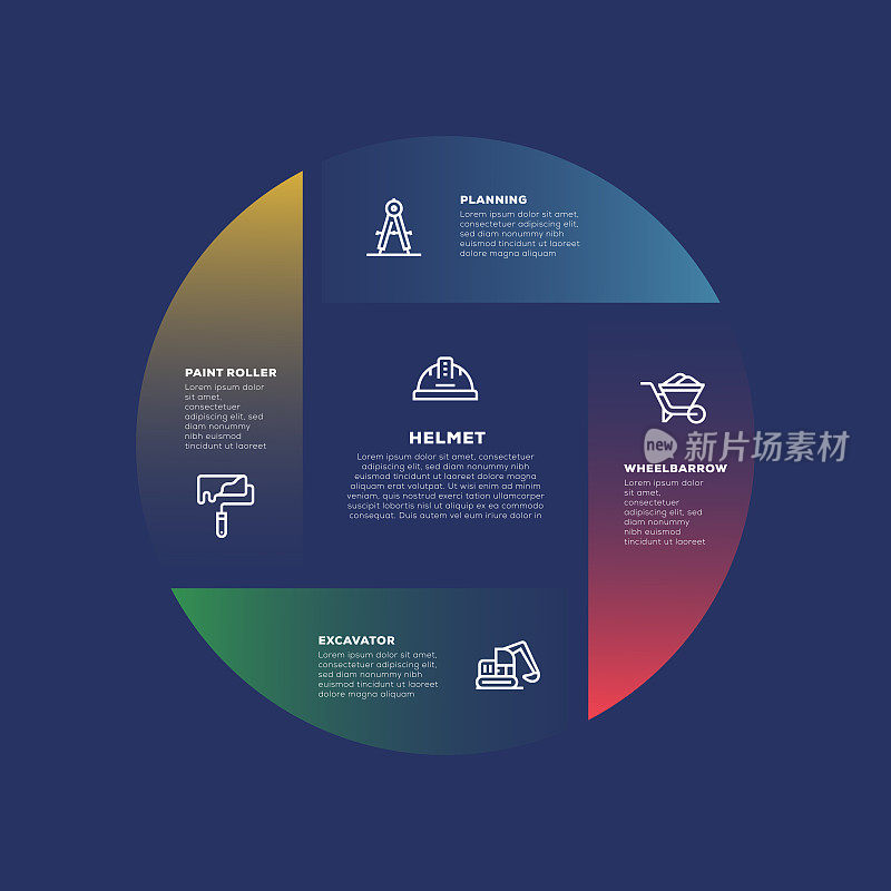 信息图表设计模板。规划，头盔，手推车，挖掘机，油漆滚轮图标与5个选项或步骤。