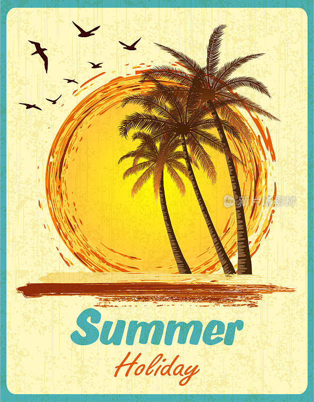 夏日热带日落与棕榈树。复古的枯燥乏味的背景。