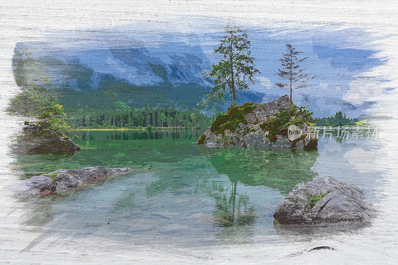 山湖腹地的水彩画，贝希特斯加登国家公园