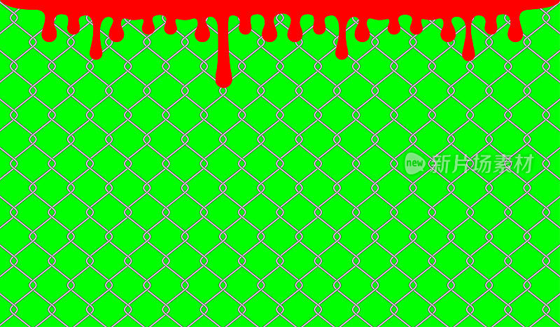 铁丝栅栏和红色血滴在绿色屏风上为背景，血滴在铁丝墙上为背景，铁丝栅栏上为金属栅格，铁丝栅栏上为绿色隔离