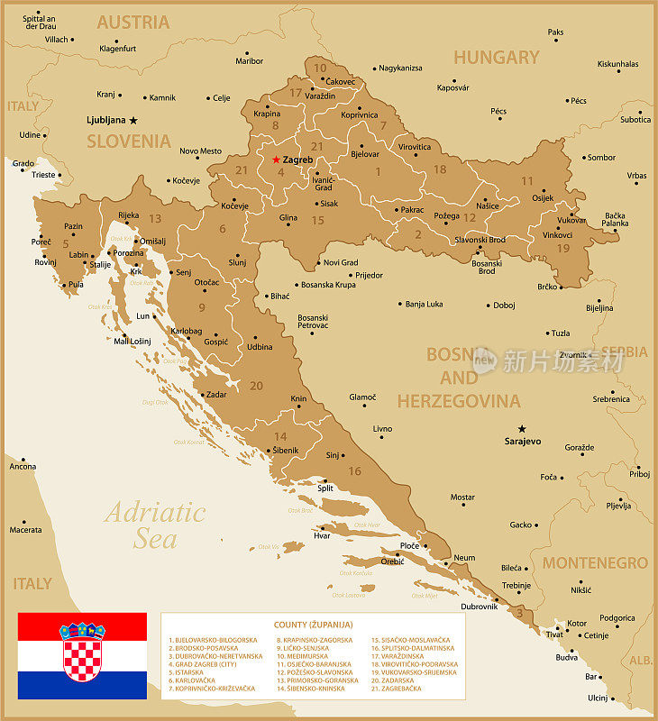 克罗地亚的地图。政治地图与地区，国旗，波斯尼亚和黑塞哥维那，塞尔维亚，斯洛文尼亚，意大利，奥地利和匈牙利的地理边界