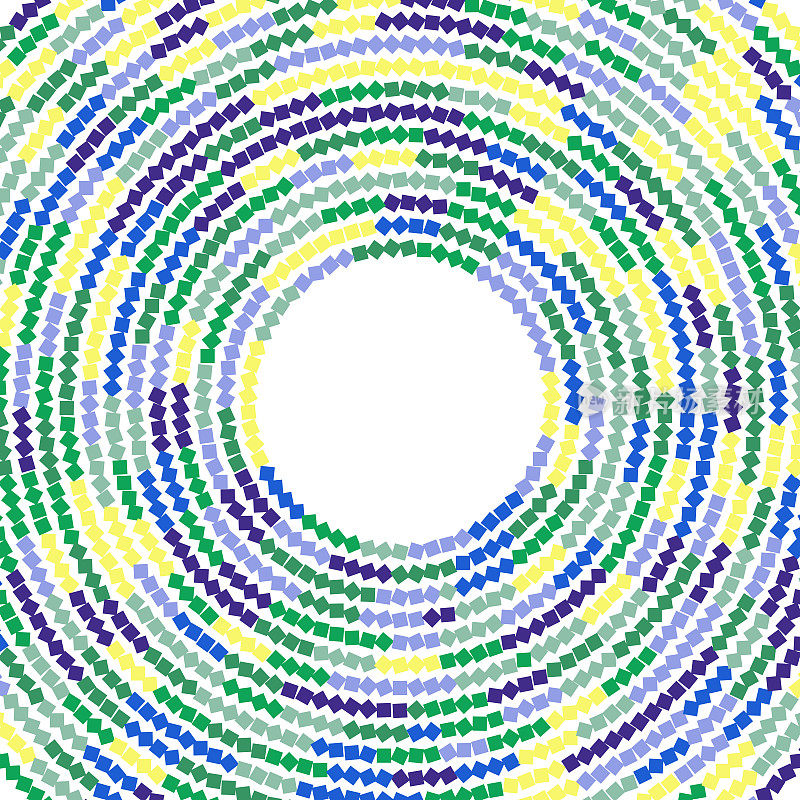 沿圆切线均匀间隔的彩色正方形点。五种颜色的调色板。不均匀的旋转。