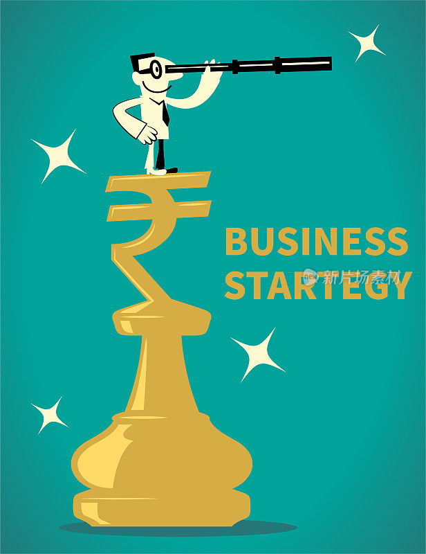 象棋和商业战略或产业战略，商人站在一个大的带有印度卢比标志的象棋上，通过望远镜看