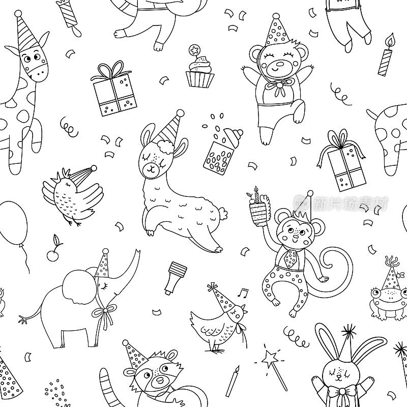 矢量黑白无缝图案与动物在派对帽子。生日聚会庆祝重复的背景。矢量假日数字纸与线礼物，蛋糕与蜡烛，气球。