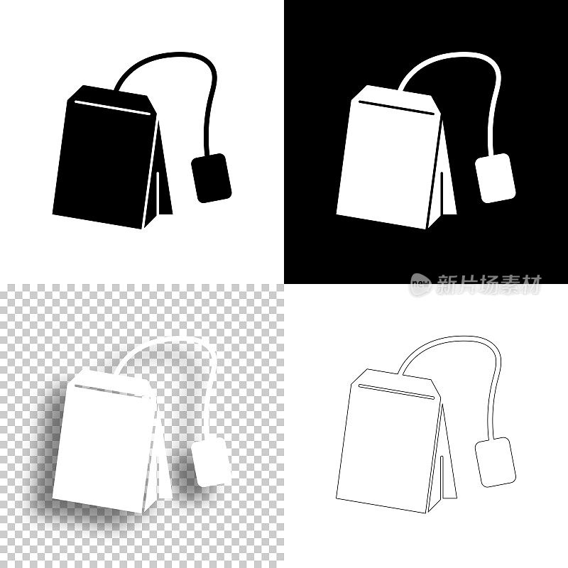 茶叶袋。图标设计。空白，白色和黑色背景-线图标