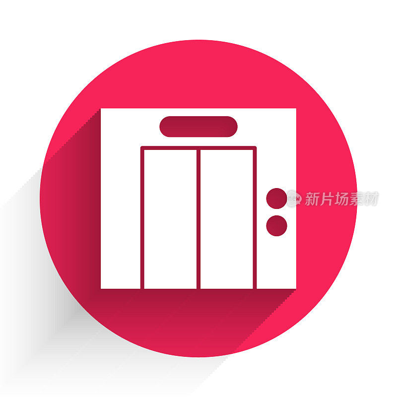 白色升降机图标孤立与长影子。电梯的象征。红色圆圈按钮。向量