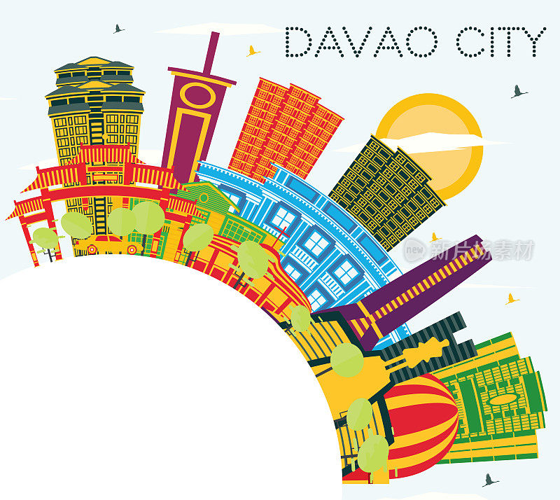 达沃市菲律宾天际线与彩色建筑，蓝天和复制空间。