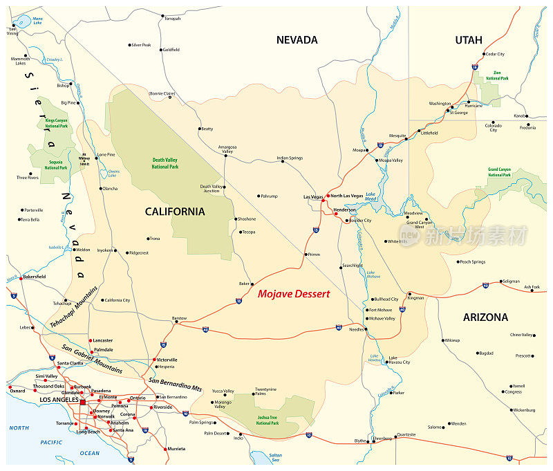 美国西部莫哈韦沙漠的矢量地图