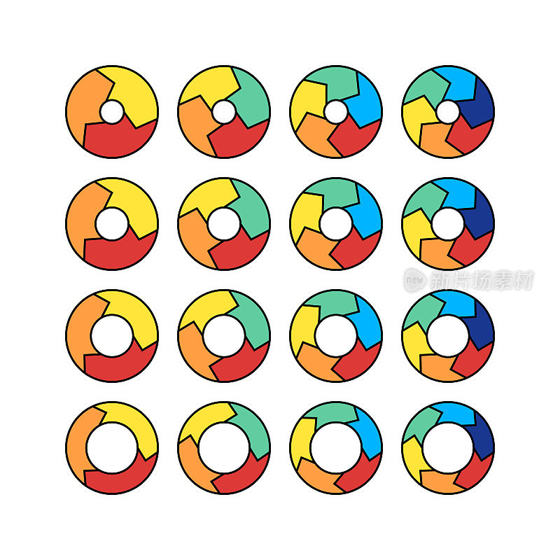 16种不同的圆段信息图-箭头形状-段的数量x，孔大小y